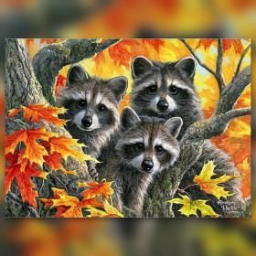 Malen nach Zahlen: drei Waschbären in einem Ahornbaum im Herbst