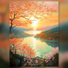 Malen nach Zahlen: Sonnenuntergang über einem See mit Kirschbaum