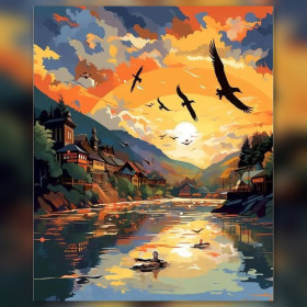 Malen nach Zahlen: Dorf am Fluss bei Sonnenuntergang