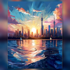 Malen nach Zahlen: Skyline einer Stadt bei Sonnenuntergang über der Bucht
