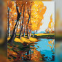 Malen nach Zahlen: Fluss mit goldenen Birken am Ufer im Herbst