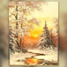 Malen nach Zahlen: verschneiter Wald mit Fluss und goldenem Sonnenuntergang