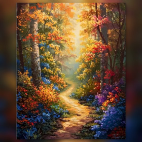 Malen nach Zahlen: Waldweg im Herbst mit orangefarbenem Laub