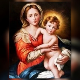 Malen nach Zahlen: Jungfrau Maria mit dem Jesuskind unter goldenem Heiligenschein