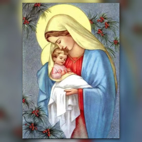 Malen nach Zahlen: Jungfrau Maria wiegt das Jesuskind unter goldenem Heiligenschein