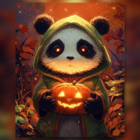 Malen nach Zahlen: Baby-Panda mit Kapuze hält einen Halloween-Kürbis