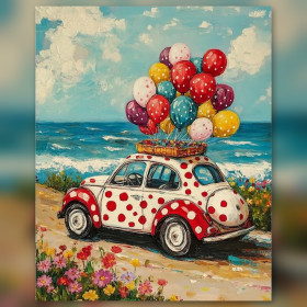 Malen nach Zahlen: gepunkteter Marienkäfer mit Luftballons auf einem Küstenweg