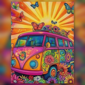 Malen nach Zahlen: Blumengeschmückter Hippie-Bulli mit Schmetterlingen