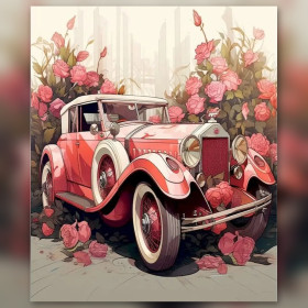 Malen nach Zahlen: Rosa Oldtimer umgeben von Rosen