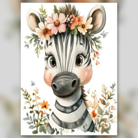 Malen nach Zahlen: Zebrababy mit Kranz aus rosa und orangefarbenen Blumen