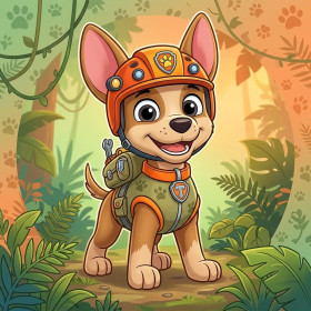 Malen nach Zahlen: Tracker aus PAW Patrol mit orangefarbenem Helm im Dschungel