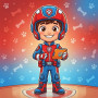 Malen nach Zahlen: Ryder aus PAW Patrol mit Helm und Tablet auf rot-blauem Hintergrund