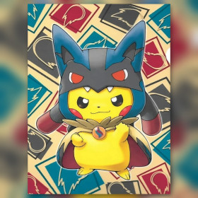 Malen nach Zahlen: Pikachu im Mega-Lucario-Kostüm vor einem Hintergrund aus Karten