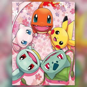 Malen nach Zahlen: Pokémon mit Pikachu, Glumanda, Schiggy, Bisasam und Mew