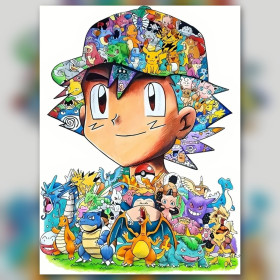 Malen nach Zahlen: Ash umgeben von Pokémon aus Kanto auf weißem Hintergrund