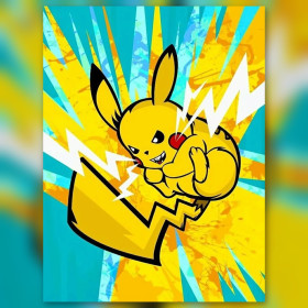 Malen nach Zahlen: Pikachu schleudert Blitze vor gelb-blauem Pop-Art-Hintergrund