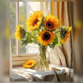 Malen nach Zahlen: Strauß gelber Sonnenblumen in einer Glasvase