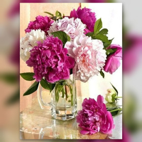 Malen nach Zahlen Set mit fuchsiafarbenem Pfingstrosenstrauß in einem Glaskrug