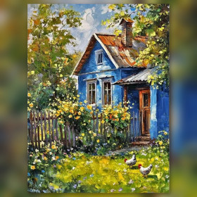 Malen nach Zahlen blaues Haus mit Hühnern in einem Garten
