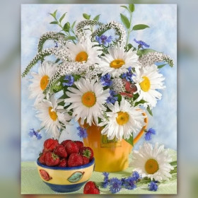 Malen nach Zahlen Strauß aus weißen Margeriten und Kornblumen in einem gelben Krug