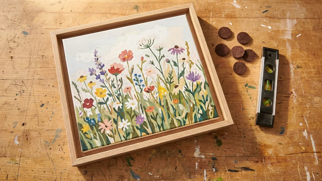 Leinwand mit Blumenmotiv wird in einen Schattenfugenrahmen eingesetzt