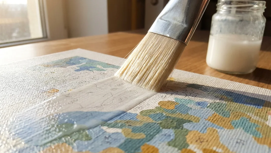 Weicher Pinsel trägt dünne Firnisschicht auf ein Acrylbild auf