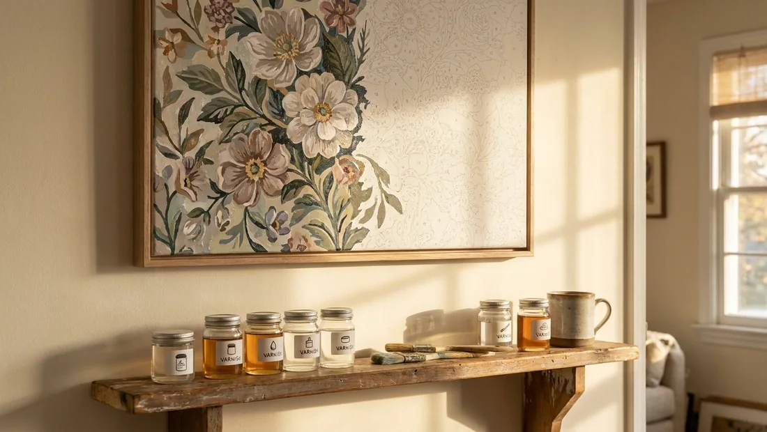 Gerahmtes, gefirnisstes Malen-nach-Zahlen-Bild mit Blumenmuster an einer Wohnzimmerwand