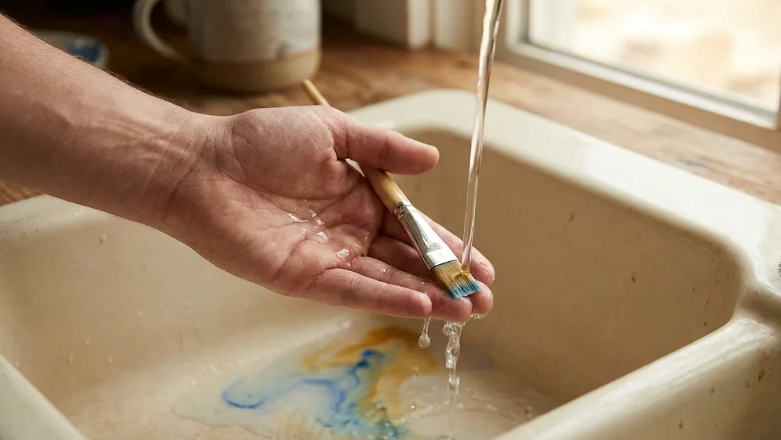 Ein flacher Acrylpinsel wird unter lauwarmem Wasser zwischen den Fingern ausgespült