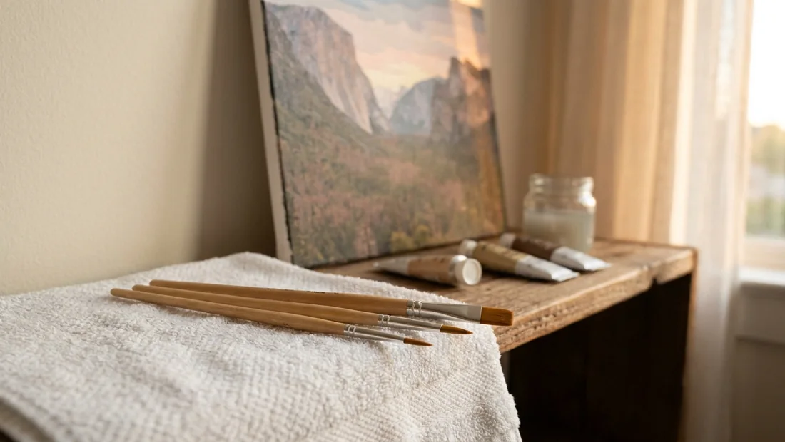 Drei saubere Acrypinsel trocknen liegend auf einem Baumwolltuch mit der Spitze leicht nach unten