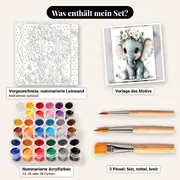 Malen nach Zahlen Elefantenbaby mit Blumenkranz – Set-Inhalt: vorgezeichnete Leinwand, Farben, Pinsel