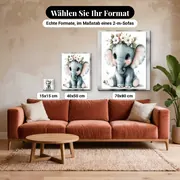 Malen nach Zahlen Elefantenbaby mit Blumenkranz – verfügbare Formate im Größenvergleich zu einem Sofa