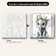 Malen nach Zahlen Elefantenbaby mit Blumenkranz – vorher und nachher: vorgezeichnete Leinwand und fertiges Gemälde
