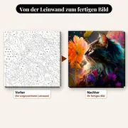 Malen nach Zahlen langhaarige Katze mit Blumen – vorher und nachher: vorgezeichnete Leinwand und fertiges Gemälde