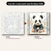 Malen nach Zahlen Pandababy umgeben von Blumen – vorher und nachher: vorgezeichnete Leinwand und fertiges Gemälde