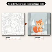Malen nach Zahlen rotes Eichhörnchen im Schnee – vorher und nachher: vorgezeichnete Leinwand und fertiges Gemälde