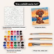 Malen nach Zahlen Zuma, der Rettungshund am Strand – Set-Inhalt: vorgezeichnete Leinwand, Farben, Pinsel