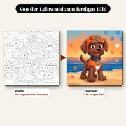 Malen nach Zahlen Zuma, der Rettungshund am Strand – vorher und nachher: vorgezeichnete Leinwand und fertiges Gemälde