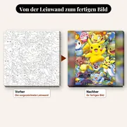 Malen nach Zahlen Pikachu und seine Freunde im Wald – vorher und nachher: vorgezeichnete Leinwand und fertiges Gemälde