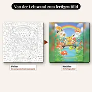 Malen nach Zahlen Pikachu und seine Freunde auf der Regenbogenbrücke – vorher und nachher: vorgezeichnete Leinwand und fertiges Gemälde