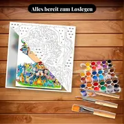 Malen nach Zahlen Ash und die Pokémon aus Kanto – Set bereit zum Loslegen auf dem Tisch