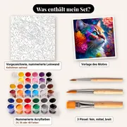Malen nach Zahlen bunte Katze mit großen orangefarbenen Blumen – Set-Inhalt: vorgezeichnete Leinwand, Farben, Pinsel
