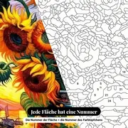 Malen nach Zahlen Sonnenblumenstrauß vor Sternenhimmel – Nahaufnahme der nummerierten Leinwand