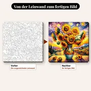 Malen nach Zahlen Sonnenblumenstrauß vor Sternenhimmel – vorher und nachher: vorgezeichnete Leinwand und fertiges Gemälde