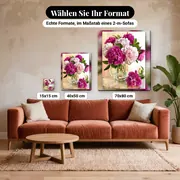 Malen nach Zahlen Pflanzen: Fuchsiafarbene Pfingstrosen im Glaskrug – verfügbare Formate im Größenvergleich zu einem Sofa
