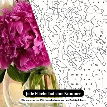 Malen nach Zahlen Pflanzen: Fuchsiafarbene Pfingstrosen im Glaskrug – nummerierte Leinwand zum Malen