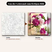 Malen nach Zahlen Pflanzen: Fuchsiafarbene Pfingstrosen im Glaskrug – vorher und nachher: vorgezeichnete Leinwand und fertiges Gemälde