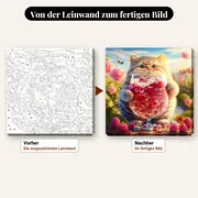 Malen nach Zahlen Kätzchen mit Himbeerglas – vorher und nachher: vorgezeichnete Leinwand und fertiges Gemälde