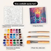 Malen nach Zahlen Rose und Kerze im Glas – Set-Inhalt: vorgezeichnete Leinwand, Farben, Pinsel