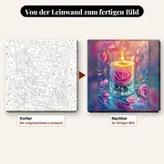 Malen nach Zahlen Rose und Kerze im Glas – vorher und nachher: vorgezeichnete Leinwand und fertiges Gemälde