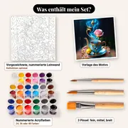Malen nach Zahlen rosa Blumen in einer Barock-Teetasse – Set-Inhalt: vorgezeichnete Leinwand, Farben, Pinsel